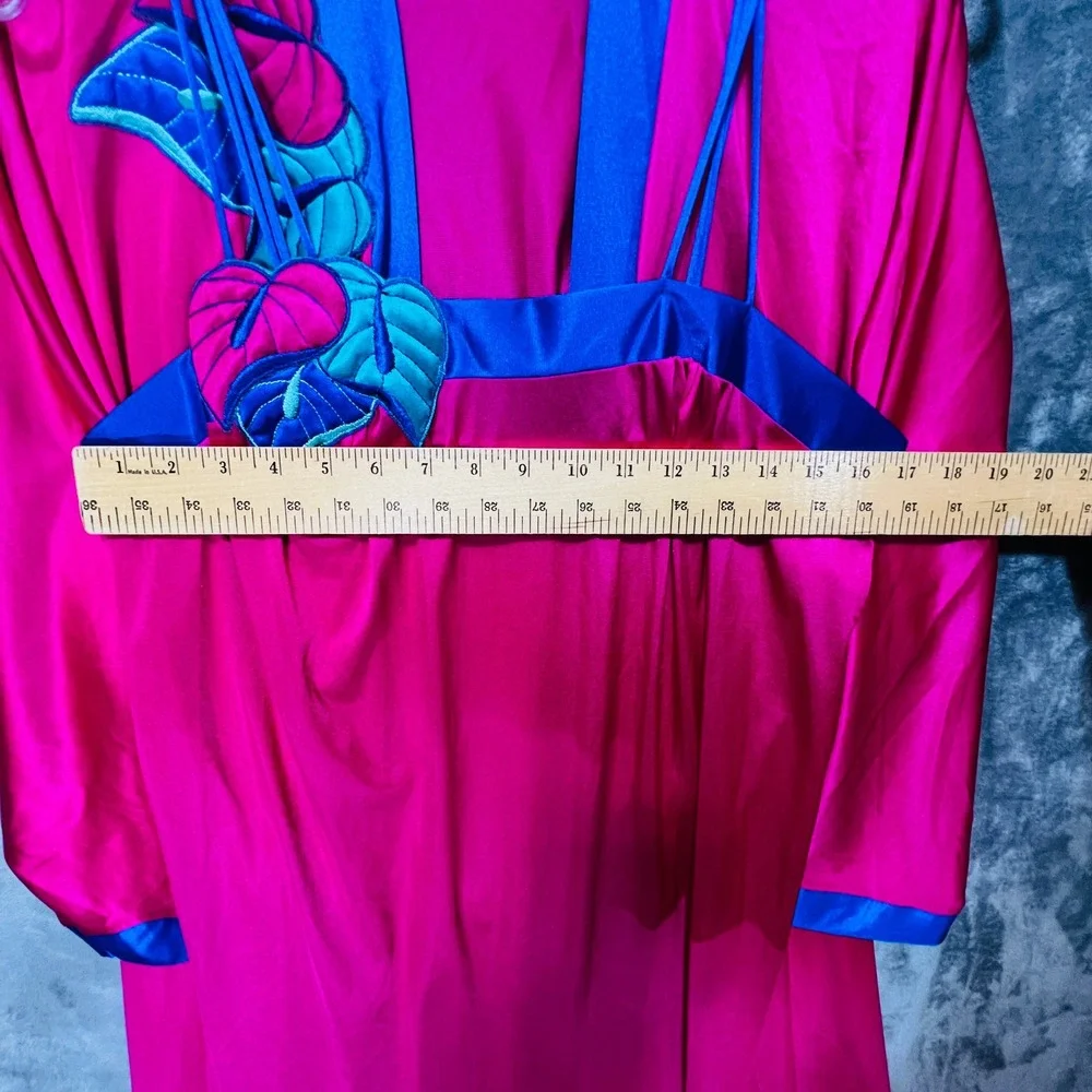 VTG Bright Pink Blue Gown Satin Slip Robe Set Tropical Monstera Leaf M Peignoir